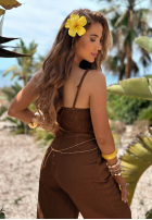 Súprava haftowany top i Nohavice wide leg Palm Mirage čokoládový