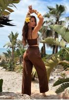 Súprava haftowany top i Nohavice wide leg Palm Mirage čokoládový