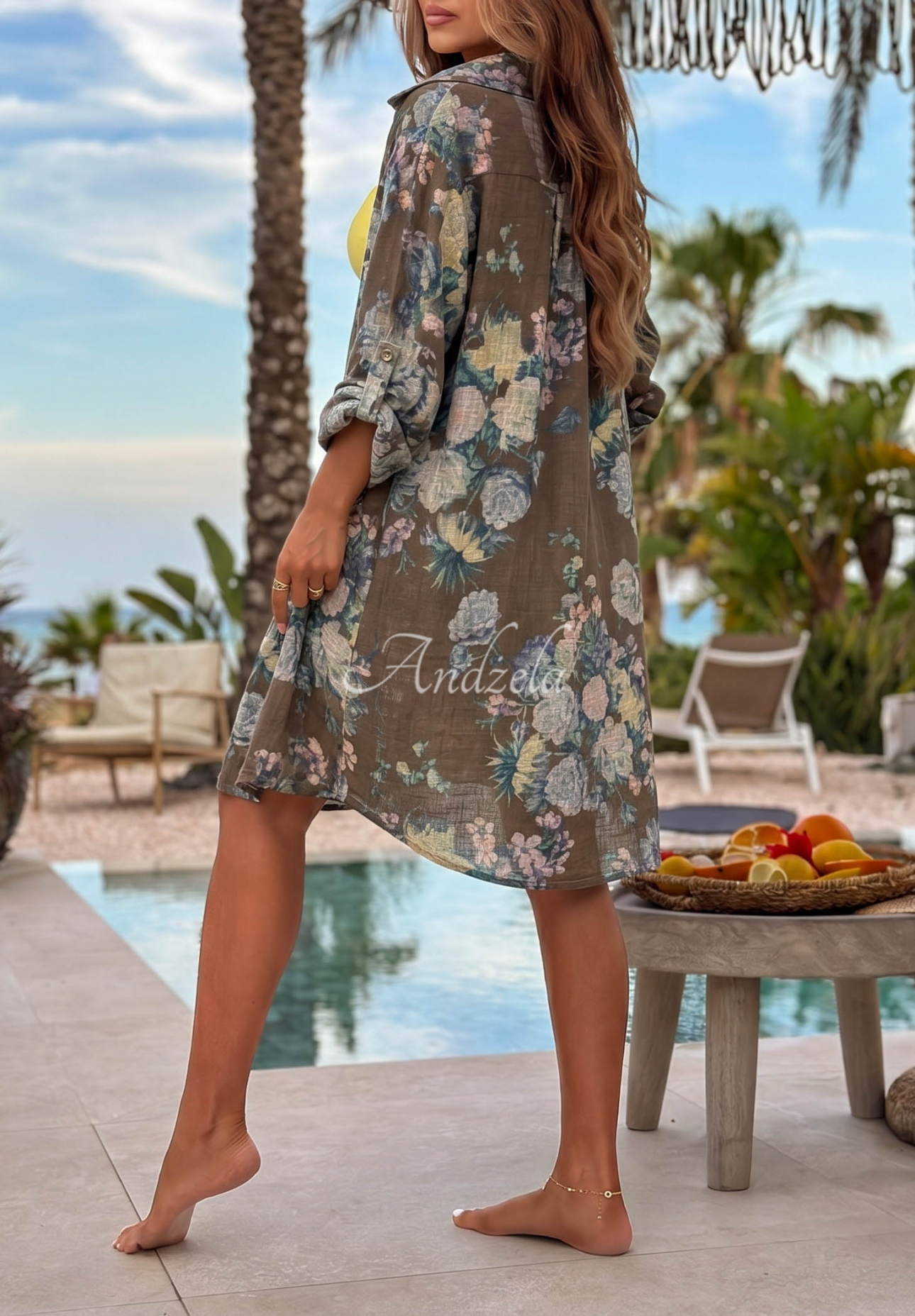Dlhá bavlnená košeľa s kvetmi Summer Bloom čokoládová
