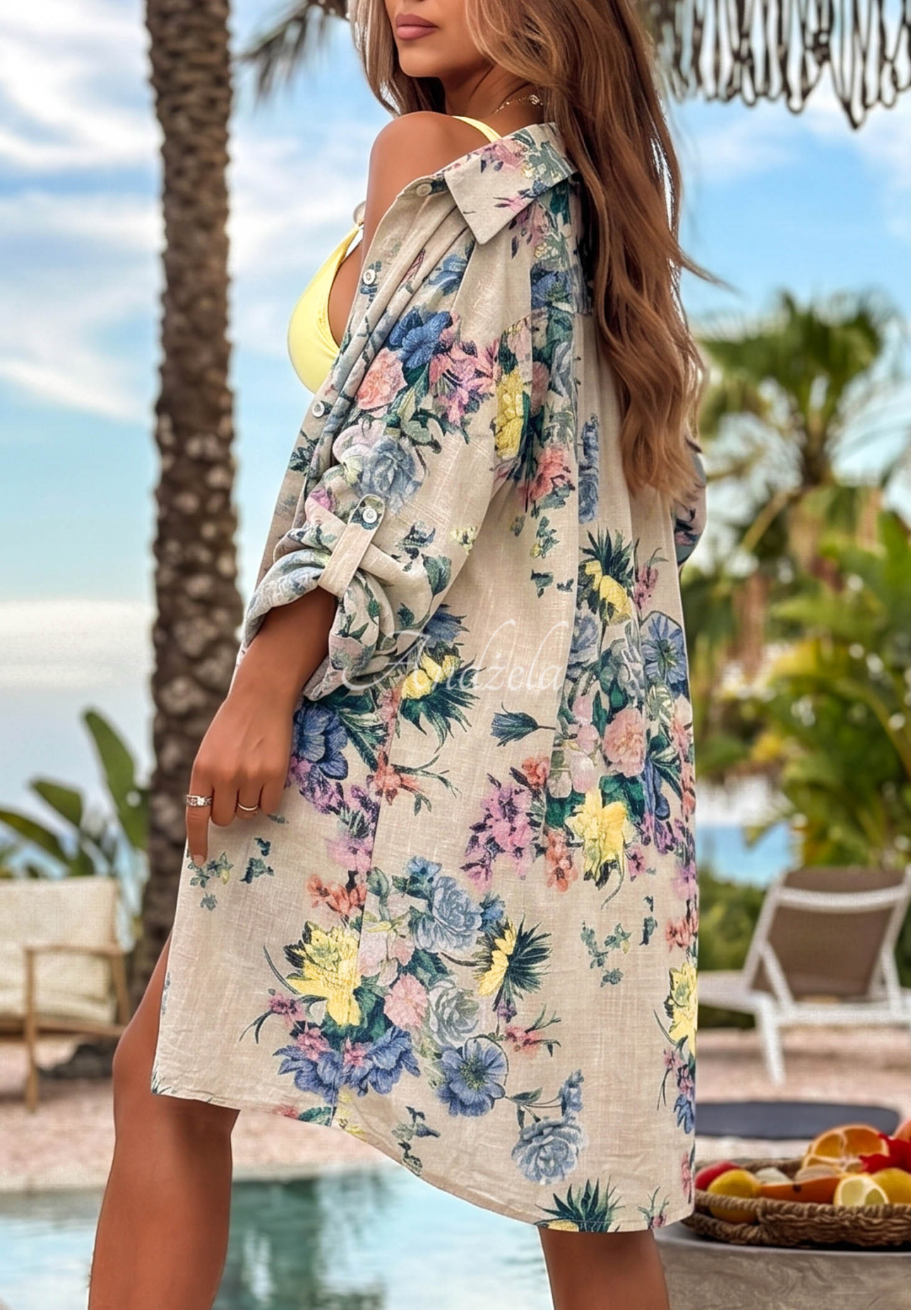 Dlhá bavlnená košeľa s kvetmi Summer Bloom béžová