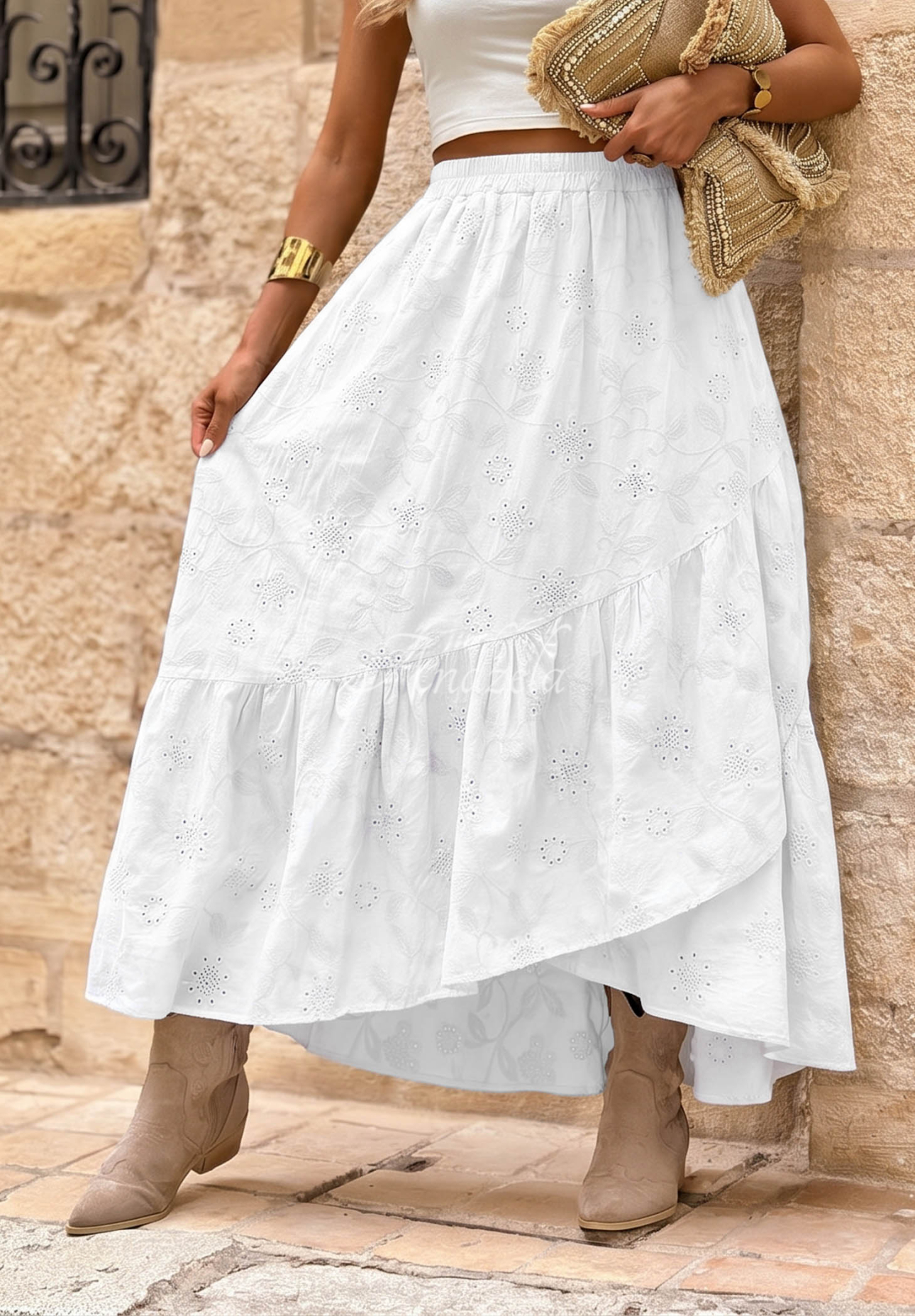 Ažúrová bavlnená sukňa s volánikmi boho Riviera Daydream Biela