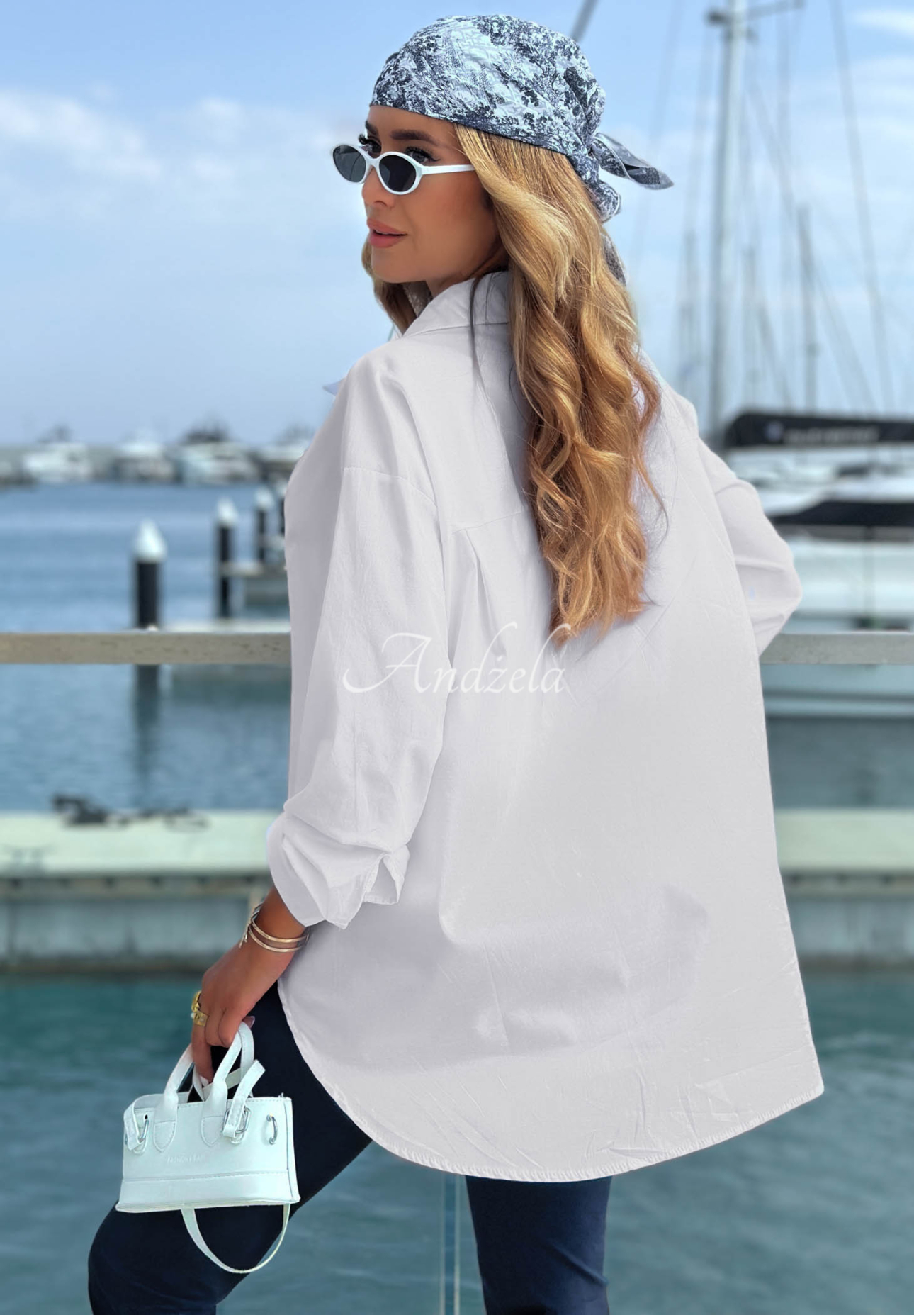 Elegantná bavlnená košeľa oversize s golierom Prestige Harbor Biela