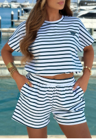 Bawełniany Súprava Blúzka i Kraťasy  w paski Sunny Stripes Set biało-tmavomodrý