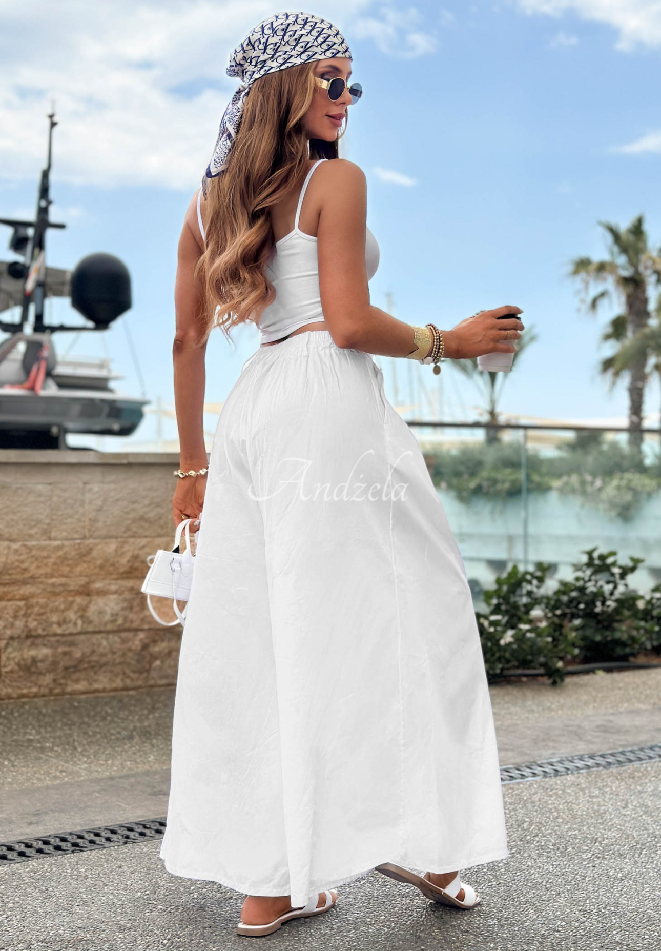 Látkové nohavice wide leg švedy z bavlny Sea Elegance biele
