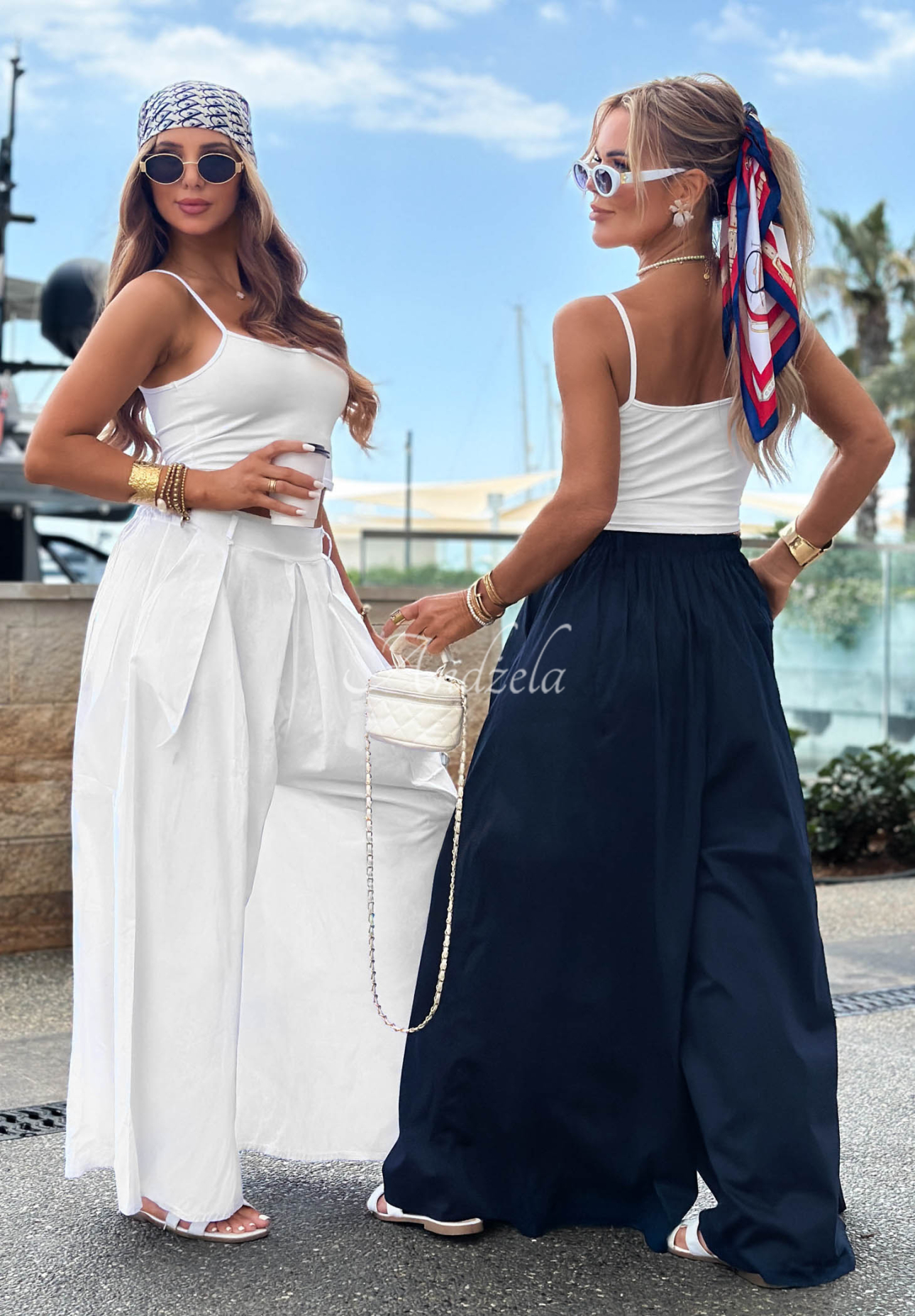 Látkové nohavice wide leg švedy z bavlny Sea Elegance tmavomodré