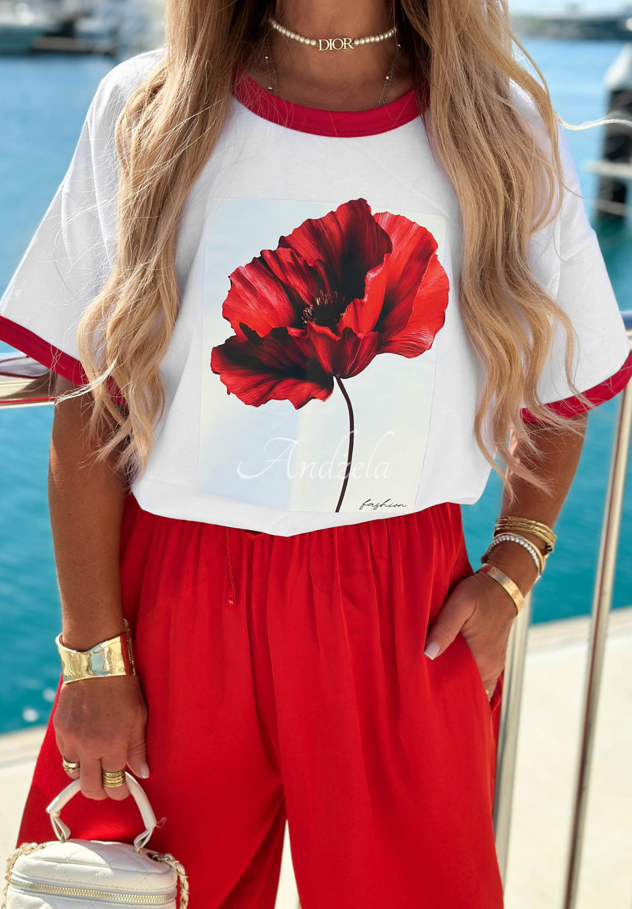 Bavlnené tričko s potlačou Sea Poppy bielo-červený
