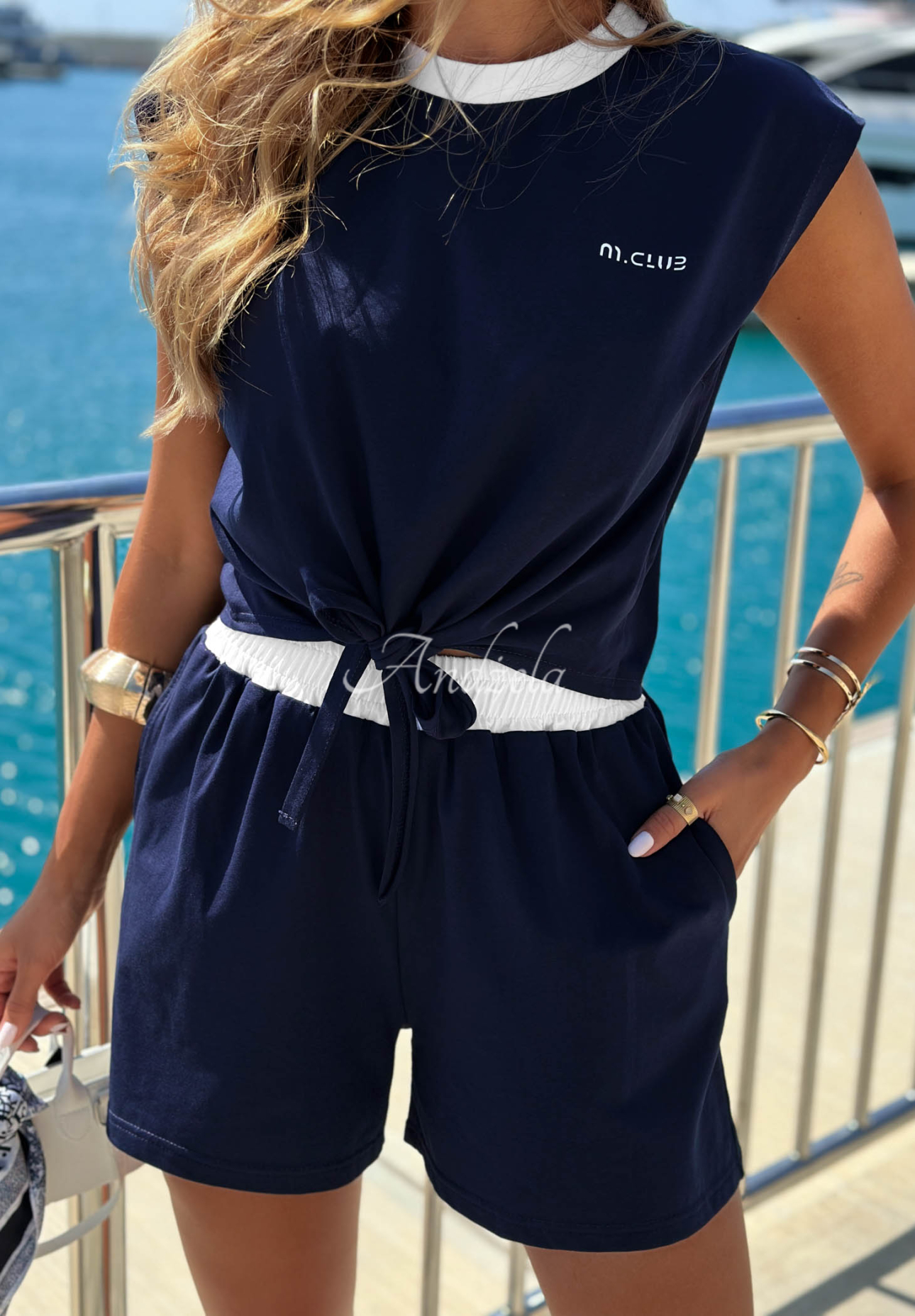 Bavlnená blúzka s viazaním Marina Club tmavomodrá