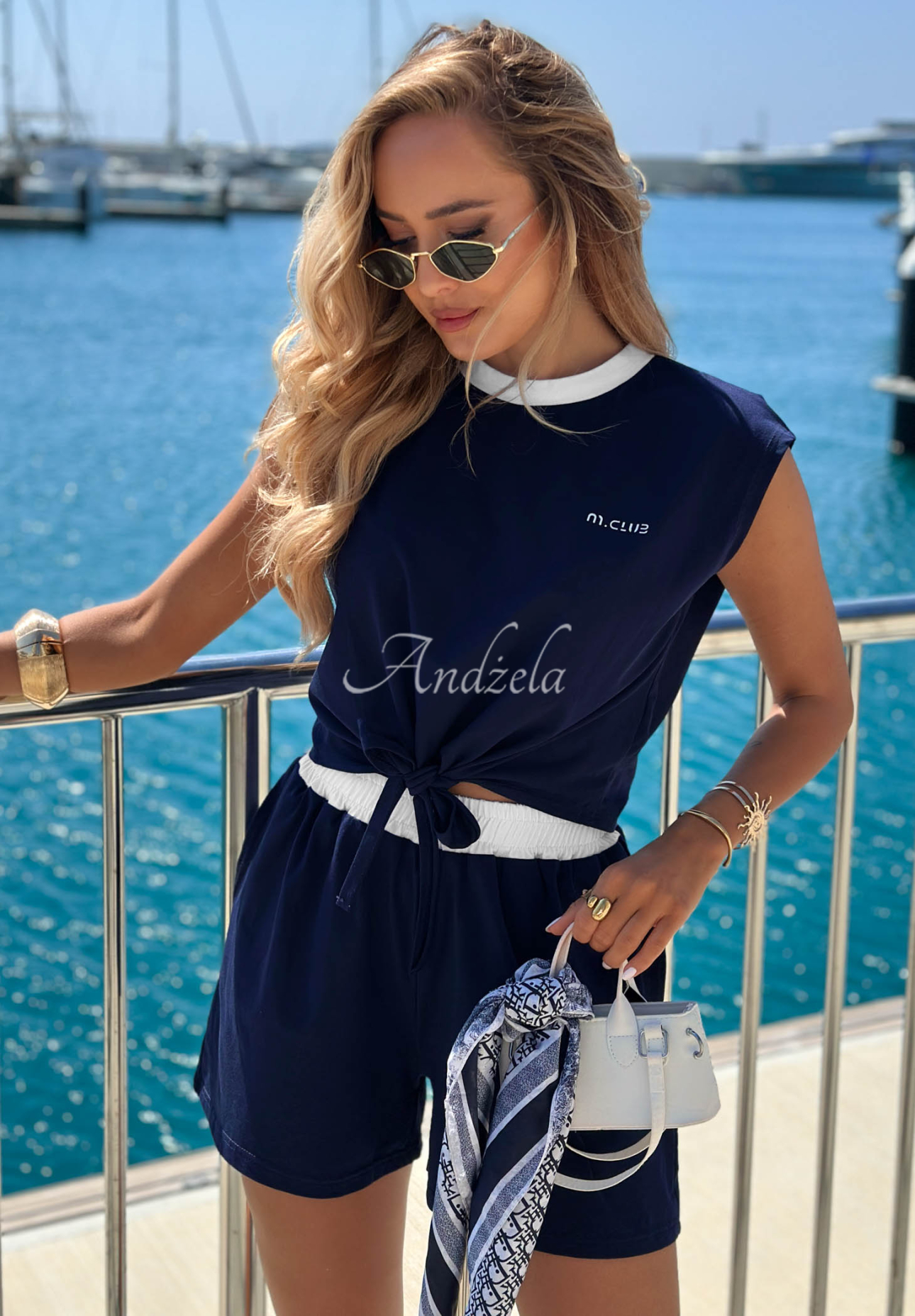 Bavlnená blúzka s viazaním Marina Club tmavomodrá