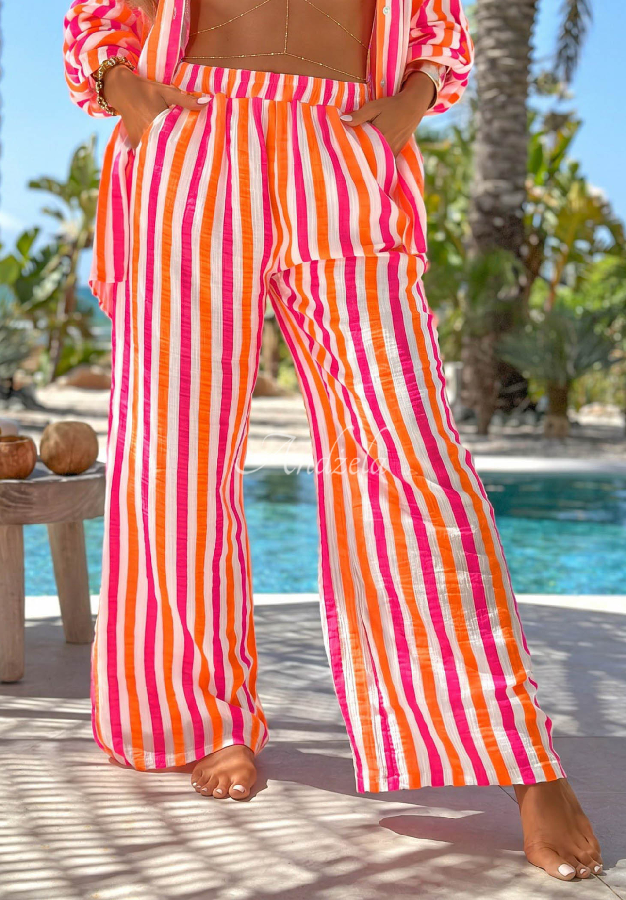 Bavlnená súprava košeľa a nohavice s pruhmi Summer Candy oranžovo-ružová