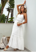 Šaty maxi na ramiączkach z koronką boho Sun Sorella Biela
