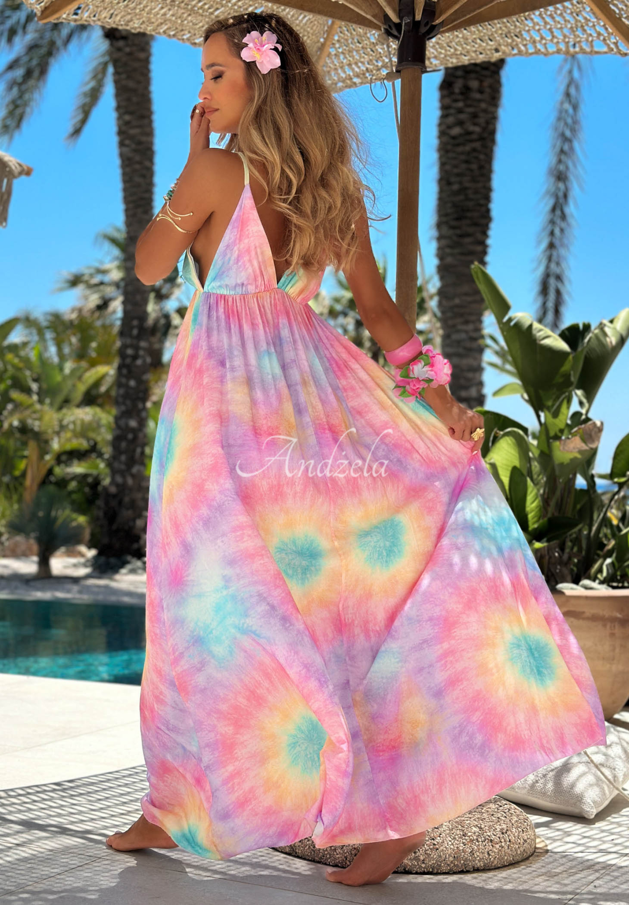 Viskózové šaty maxi na ramienka tie dye Pastel Tropics ružovo-fialové
