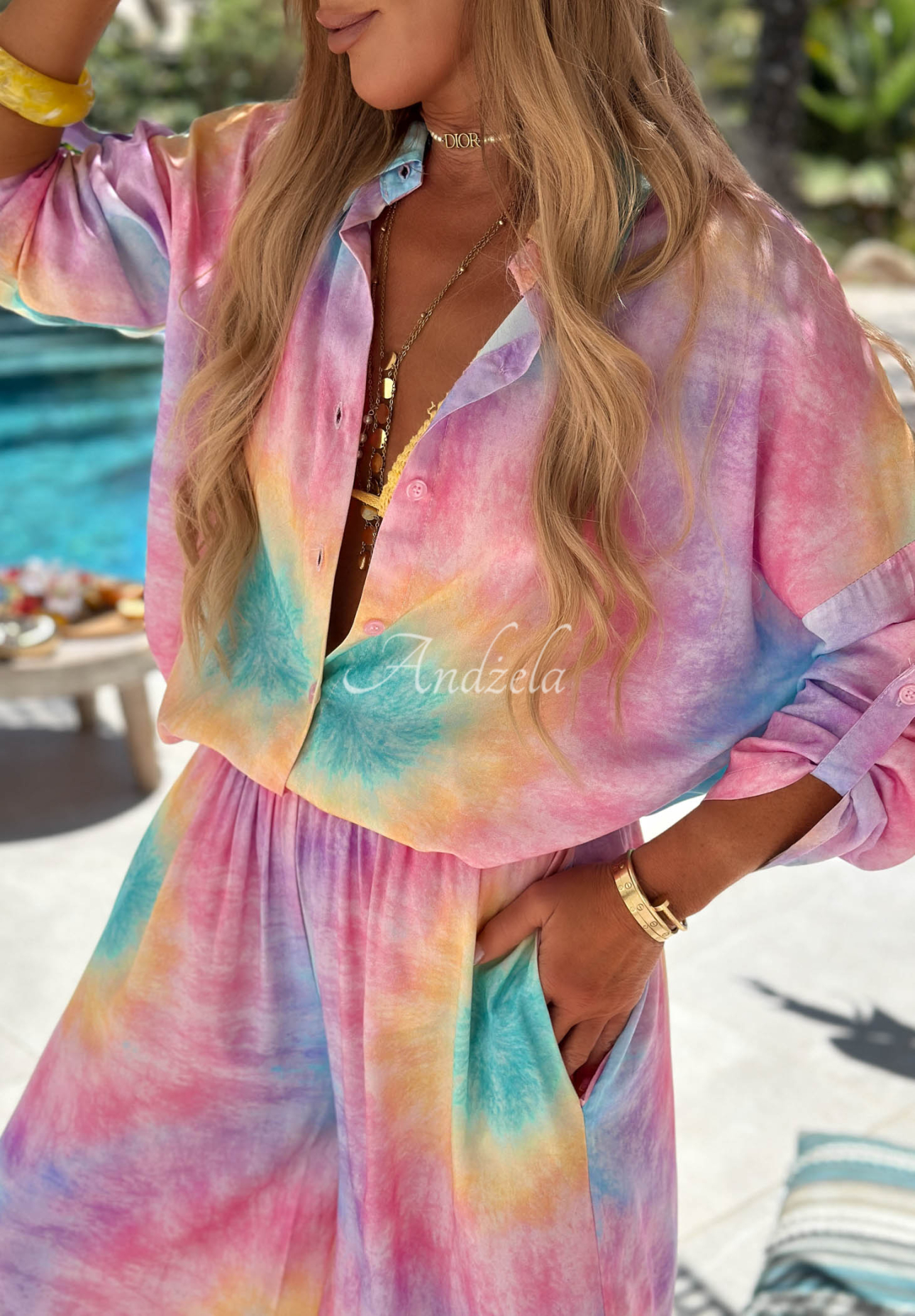 Viskózová súprava košeľa a nohavice wide leg  tie dye Pastel Tropics ružovo-fialová