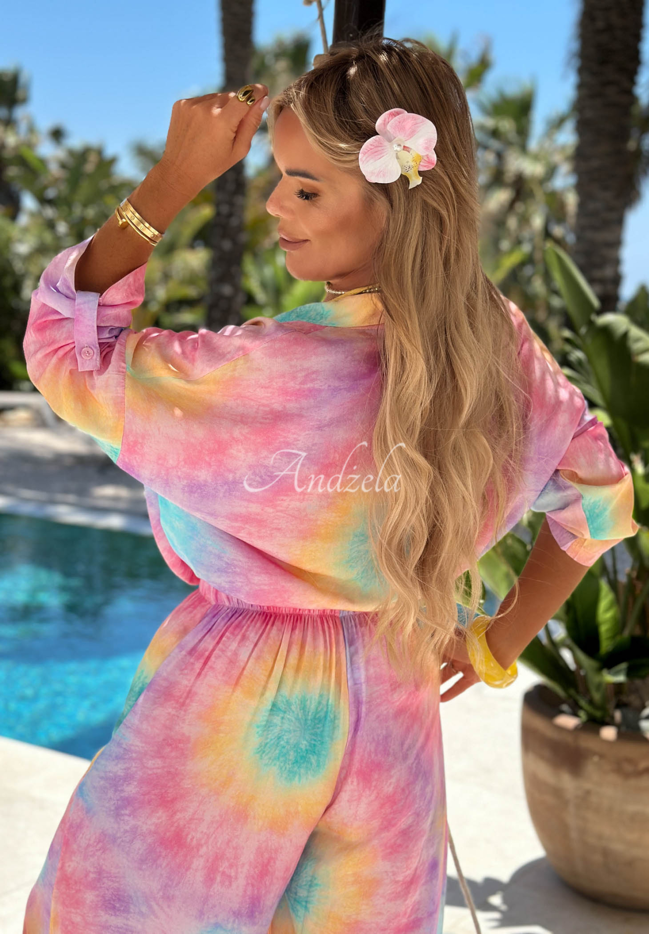 Viskózová súprava košeľa a nohavice wide leg  tie dye Pastel Tropics ružovo-fialová