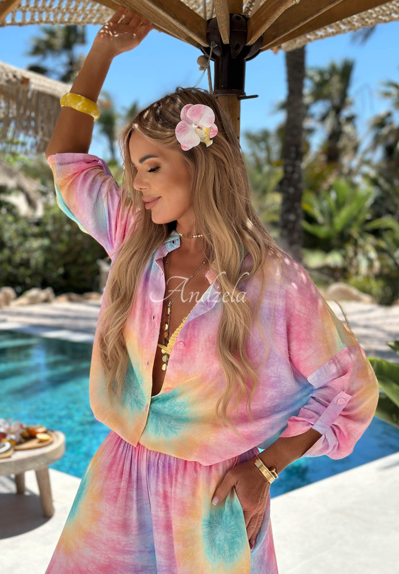 Viskózová súprava košeľa a nohavice wide leg  tie dye Pastel Tropics ružovo-fialová