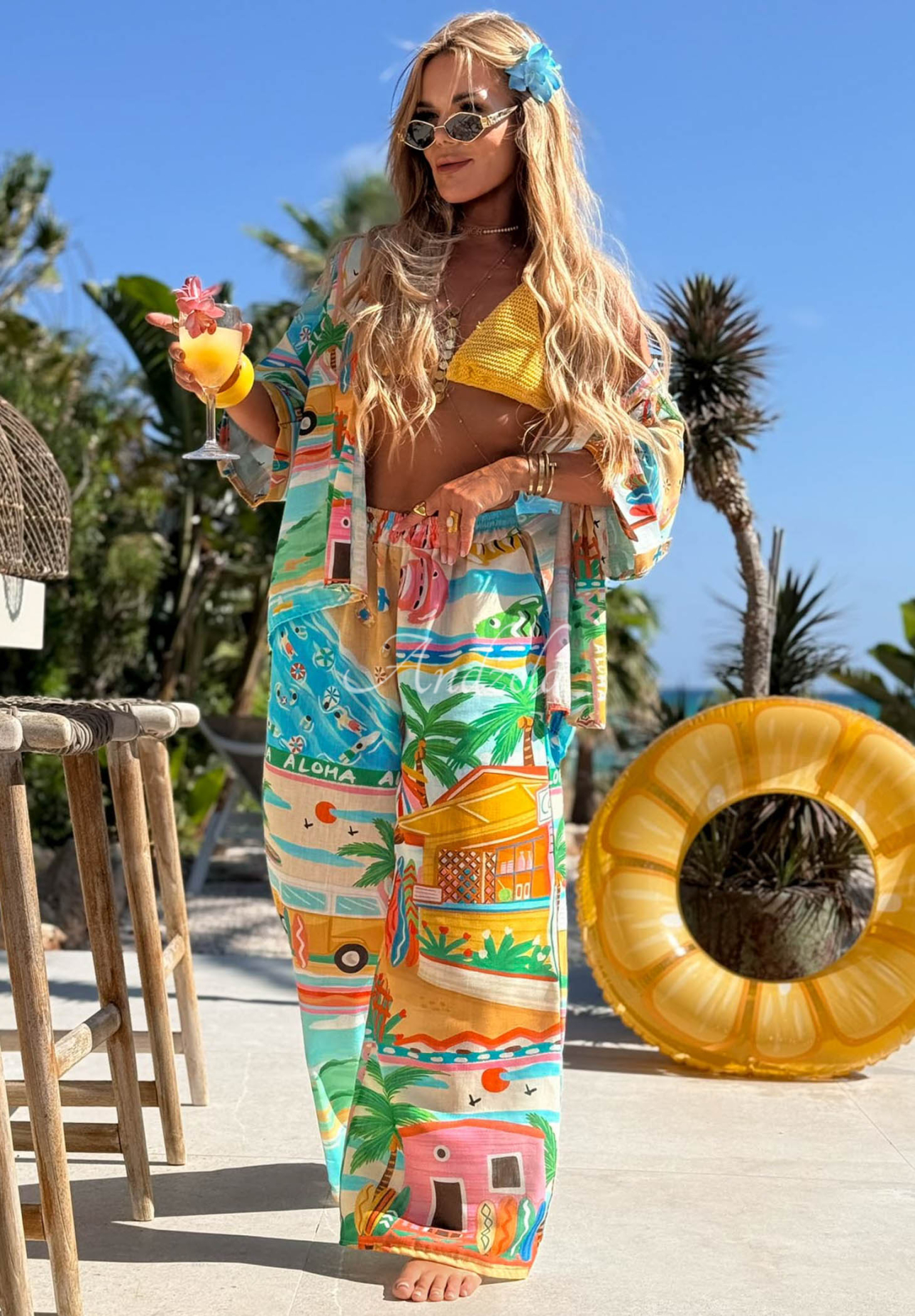 Vzorovaná súprava košeľa nohavice wide leg s bavlnou a ľanom Aloha Paradise béžovo-modá