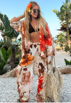 Súprava Košeľa i Nohavice wide leg w kwiaty Summer Poppy béžovo-červený