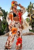 Súprava Košeľa i Nohavice wide leg w kwiaty Summer Poppy béžovo-červený