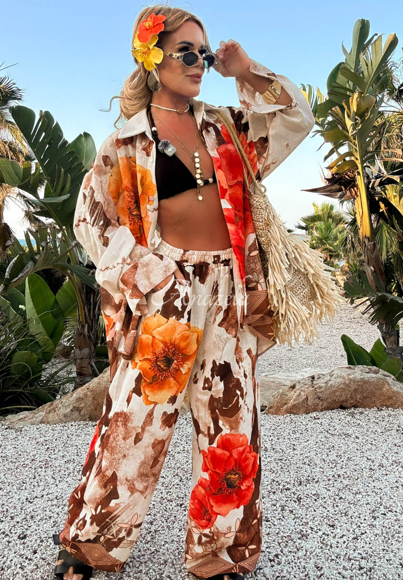Ľanová súprava košeľa a nohavice wide leg s kvetmi Summer Poppy béžovo-červená