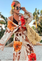 Súprava Košeľa i Nohavice wide leg w kwiaty Summer Poppy béžovo-červený