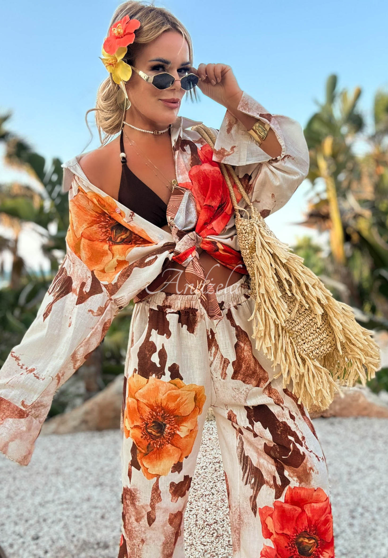 Ľanová súprava košeľa a nohavice wide leg s kvetmi Summer Poppy béžovo-červená