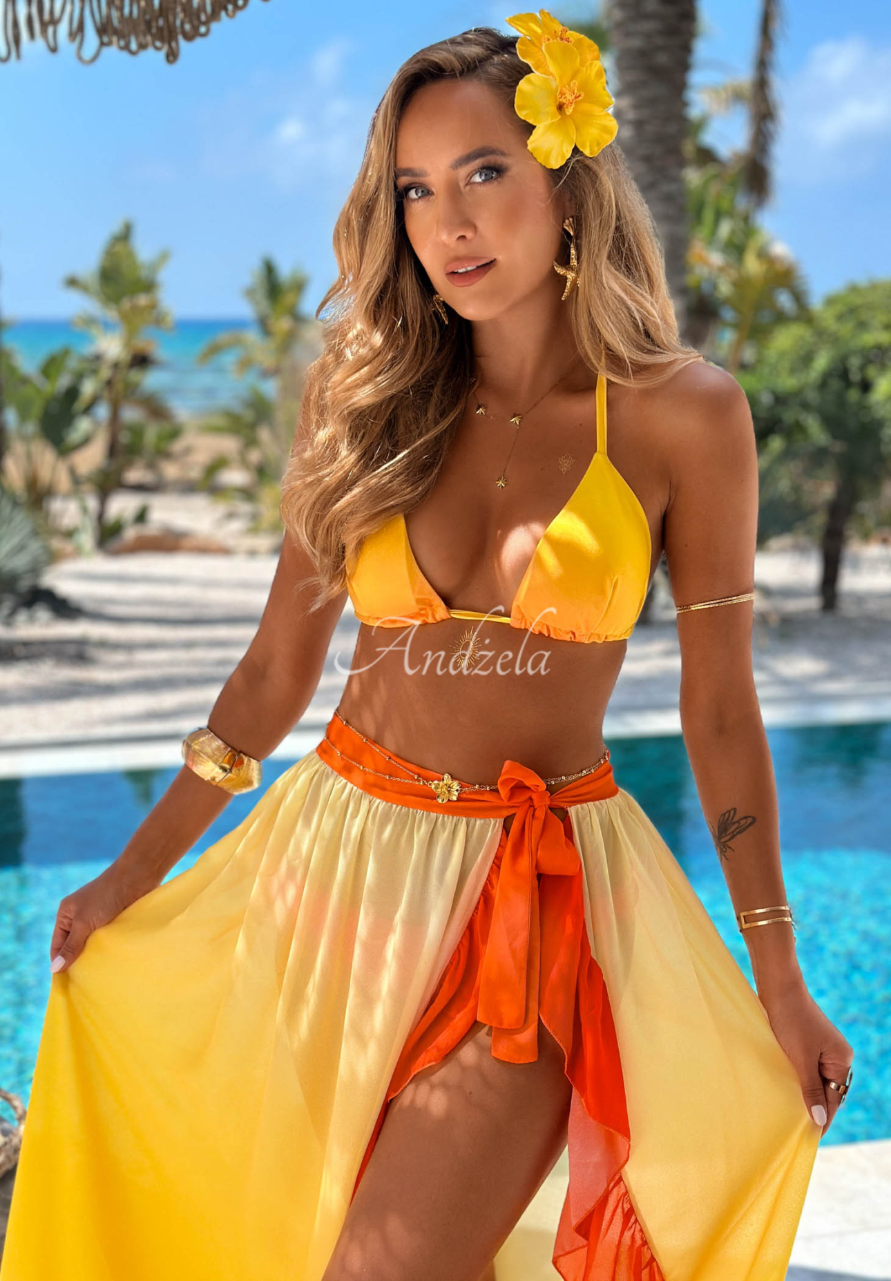 Súprava plavky bikiny a pareo s volánmi Aloha Sunset žlto-oranžová