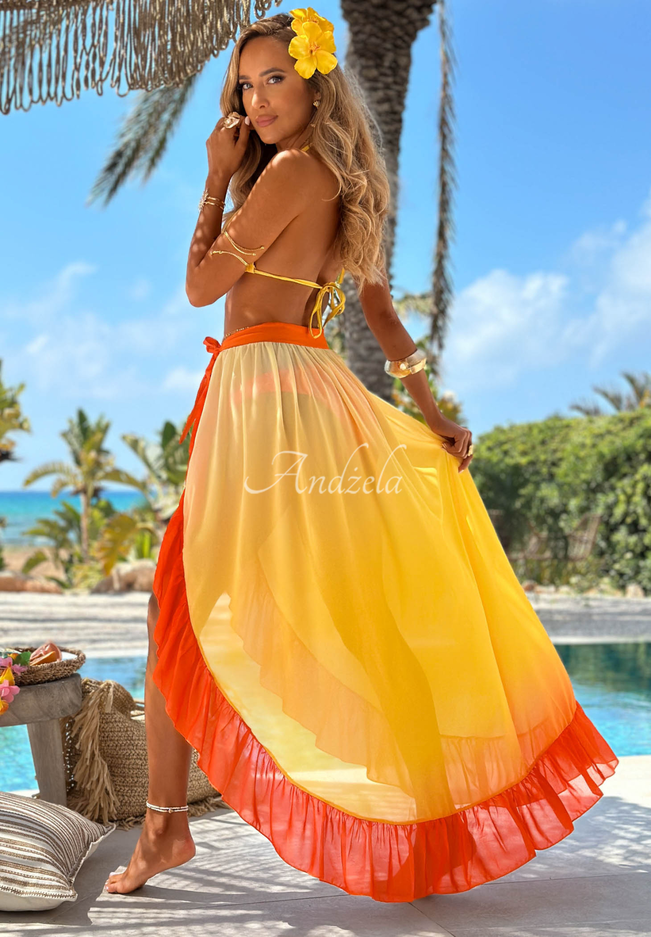 Súprava plavky bikiny a pareo s volánmi Aloha Sunset žlto-oranžová