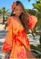 Šaty maxi z długimi rękawami w kwiaty Aloha Bloom oranžová