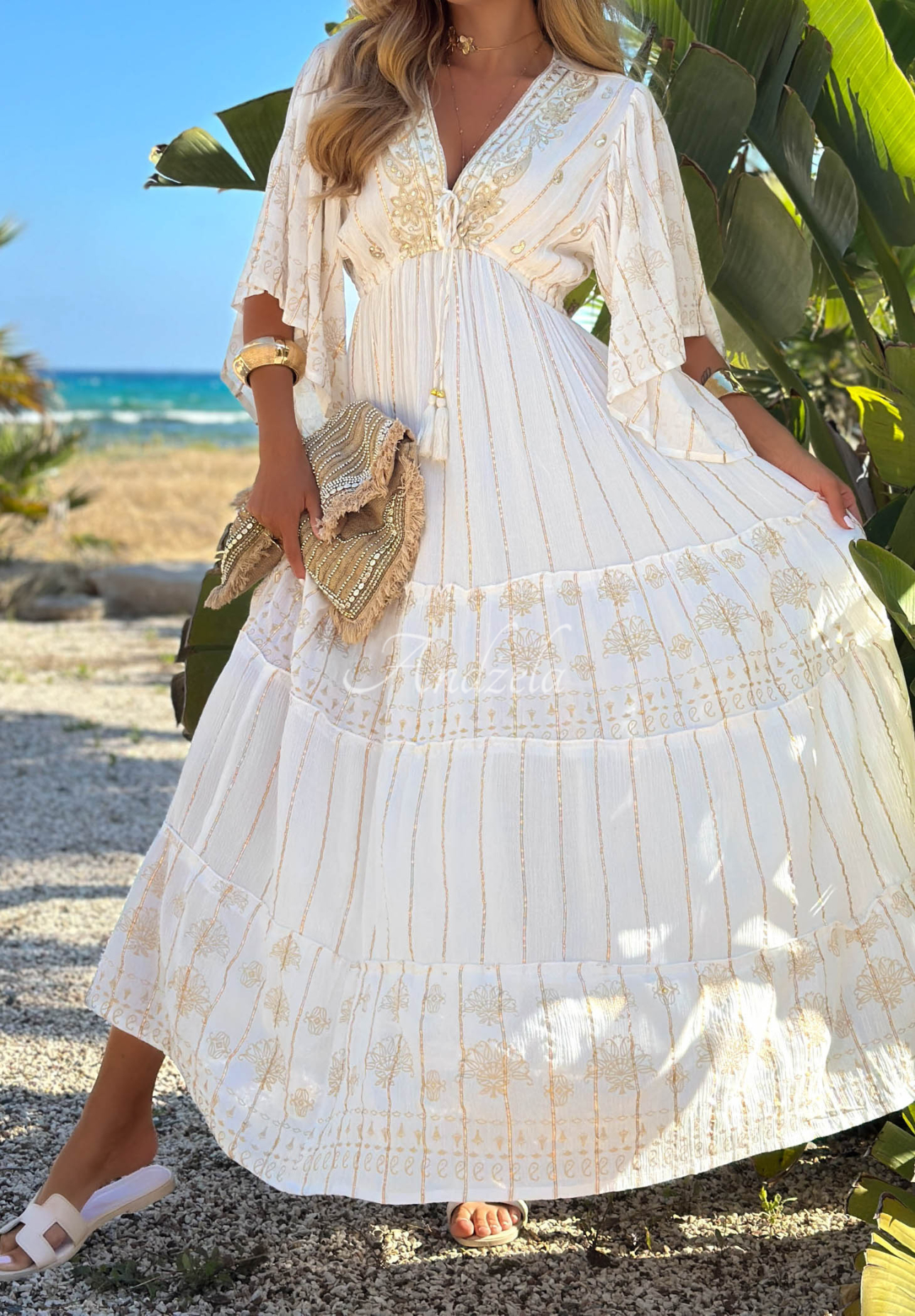 Viskózové šaty so zlatou výšivkou boho Palm Royale ecru