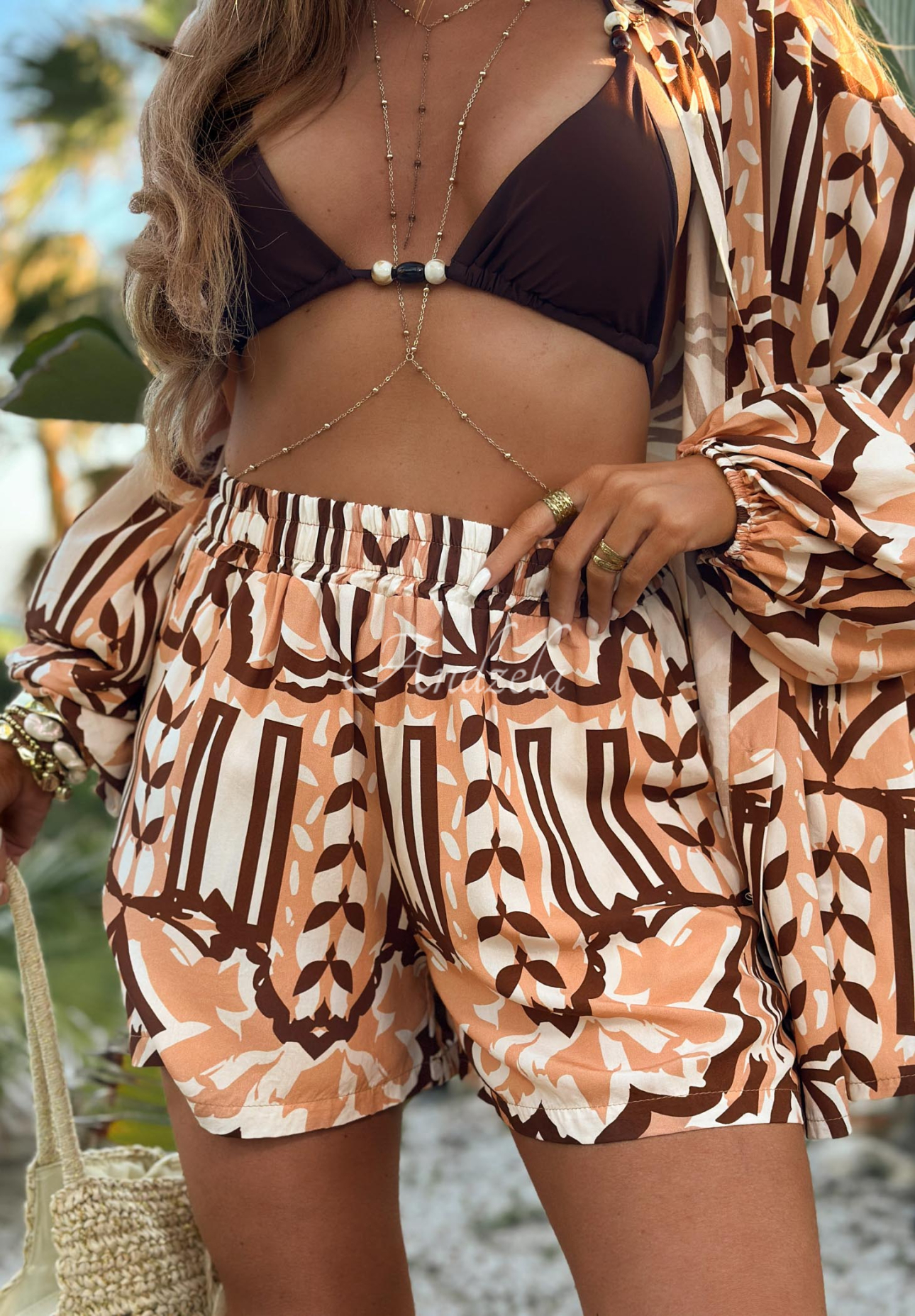 Viskózová súprava košeľa a šortky so vzormi Beach Dreams bielo-ťavie