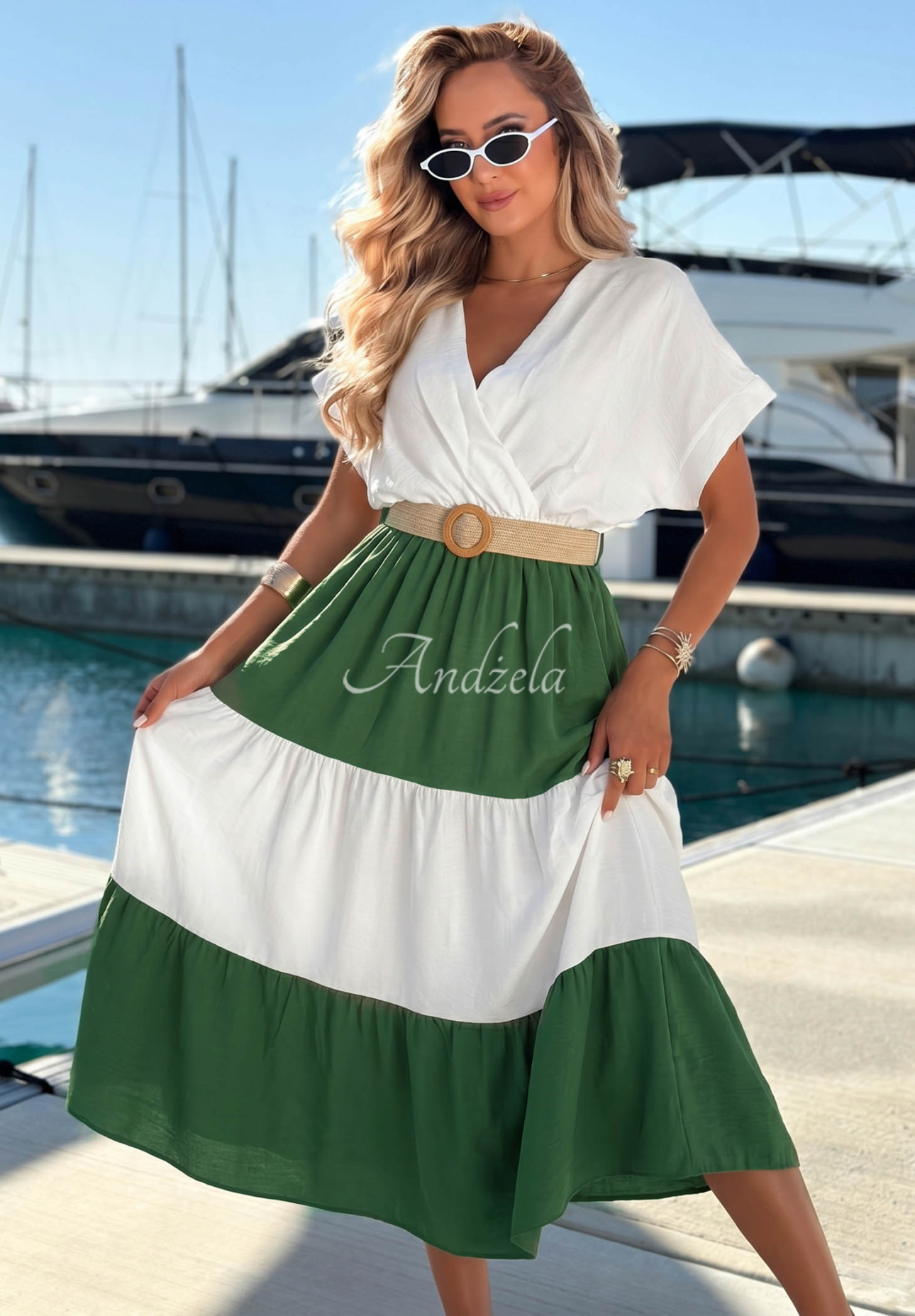 Viskózové midi šaty s opaskom Ocean Dream bielo-khaki