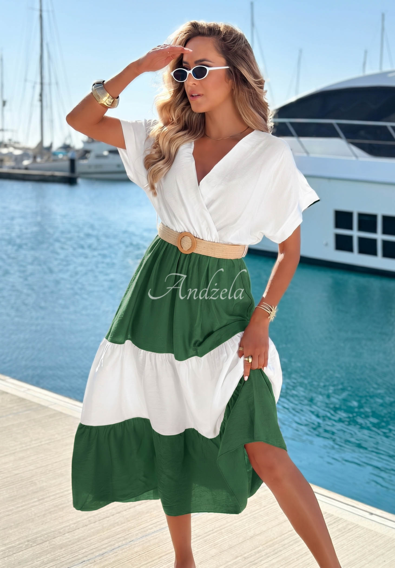 Viskózové midi šaty s opaskom Ocean Dream bielo-khaki