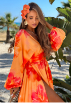 Šaty maxi z długimi rękawami w kwiaty Aloha Bloom oranžová
