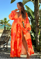 Šaty maxi z długimi rękawami w kwiaty Aloha Bloom oranžová