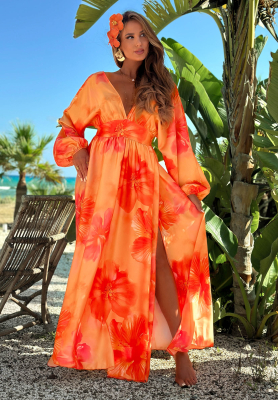 Maxi šaty s dlhými rukávmi s kvetmi Aloha Bloom oranžová