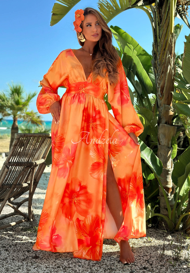 Maxi &scaron;aty s dlh&yacute;mi ruk&aacute;vmi s kvetmi Aloha Bloom oranžov&aacute;