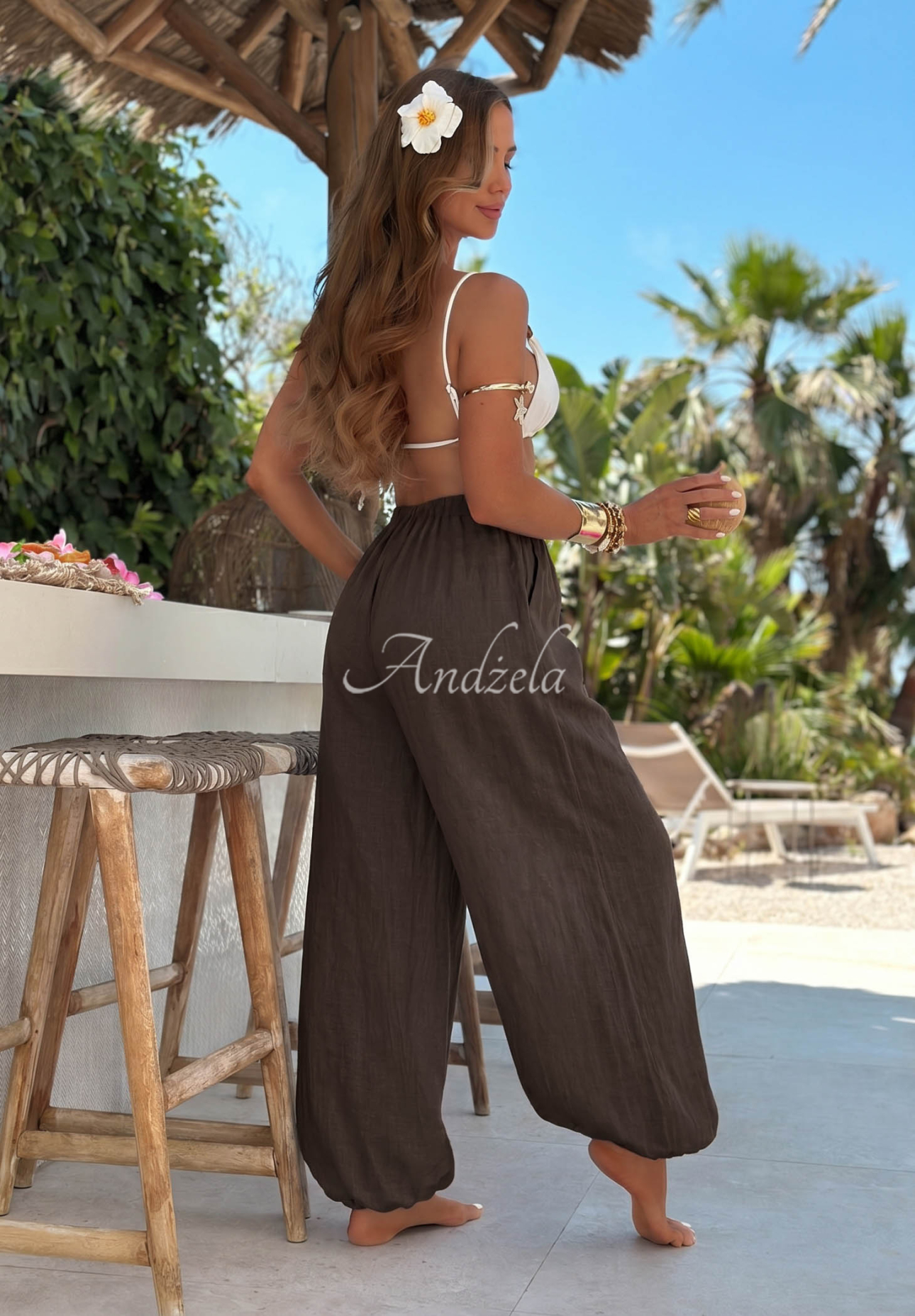 Ľanové nohavice háremky s manžetami Sun Outfit čokoládové