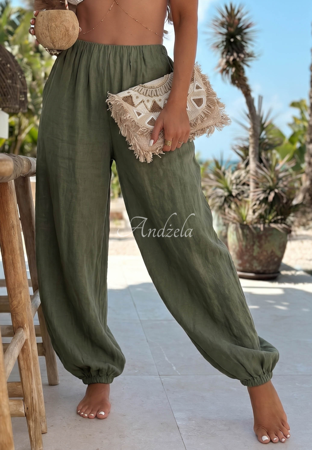 Ľanové nohavice háremky s manžetami Sun Outfit khaki