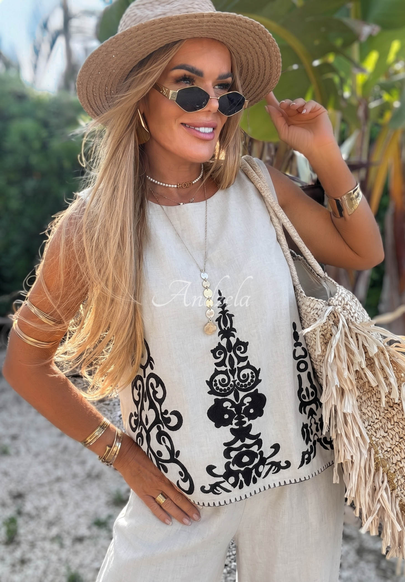 Vzorovaná súprava z bavlny top a nohavice wide leg Palm Residence Svetlosivá