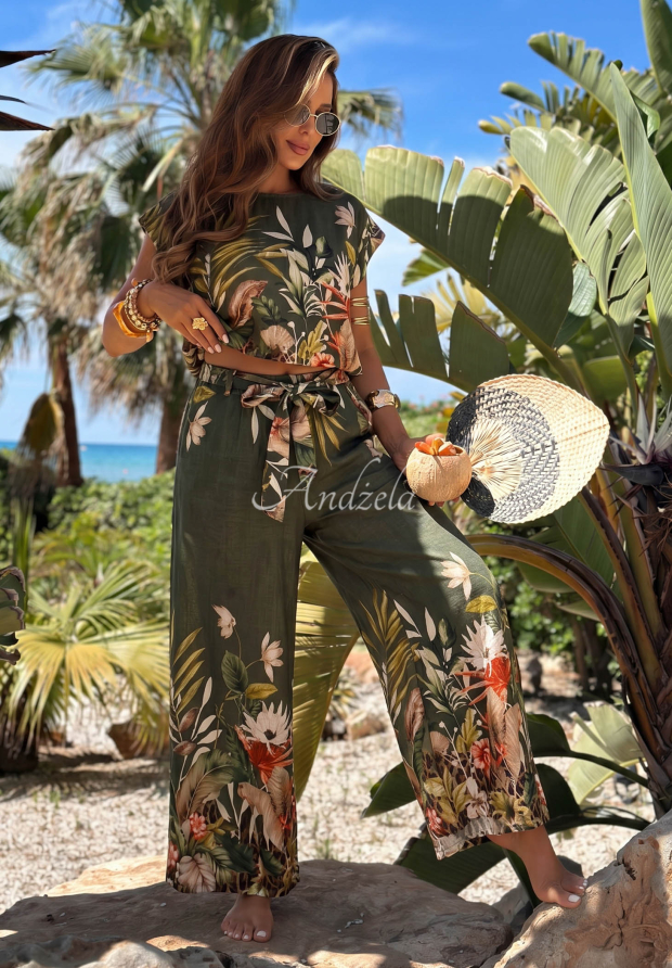 Vzorovan&aacute; s&uacute;prava bl&uacute;zka a wide leg nohavice z visk&oacute;zy Tropical Flora khaki