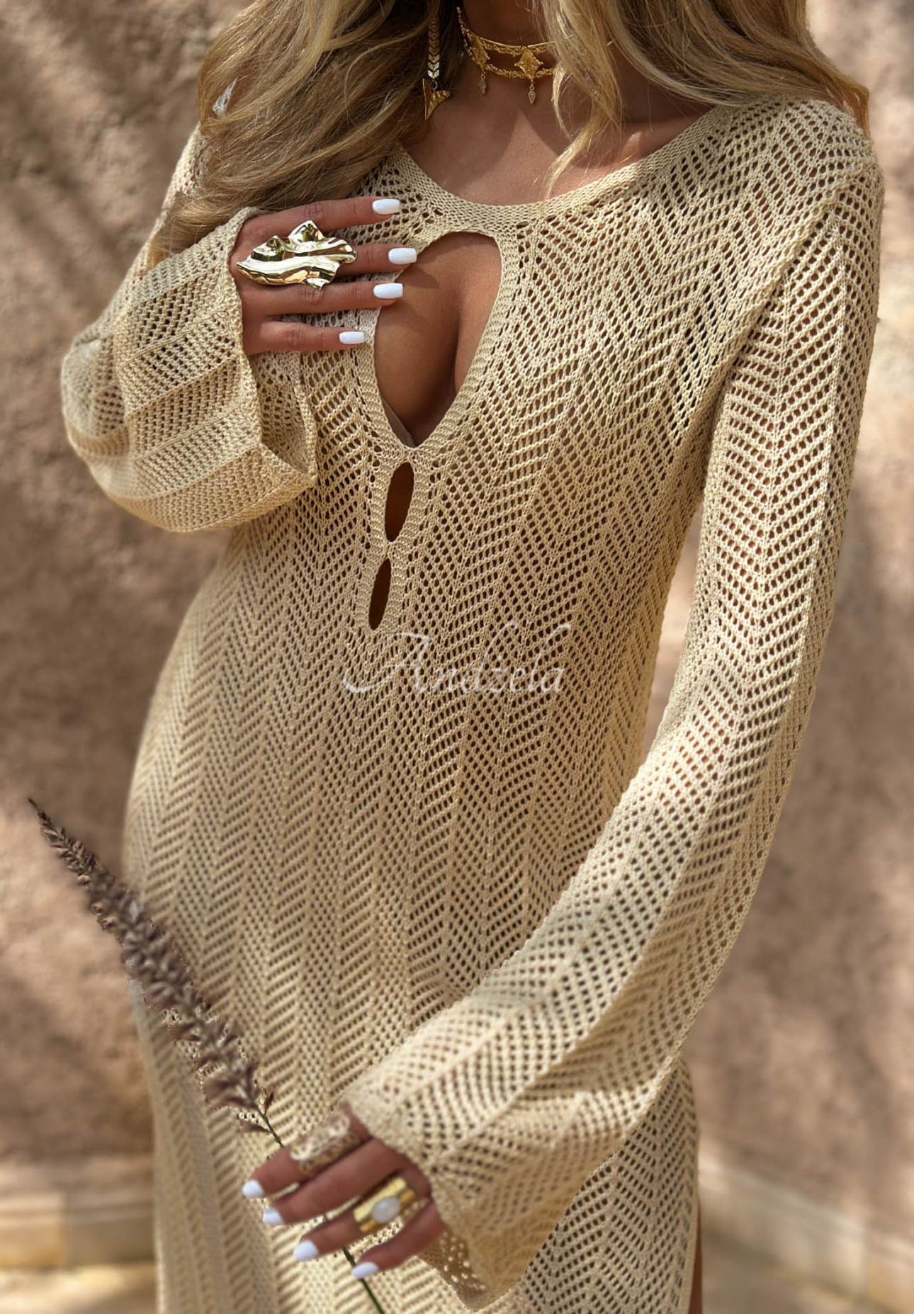 Ažúrové šaty maxi boho Morocco by Jaqueline béžová