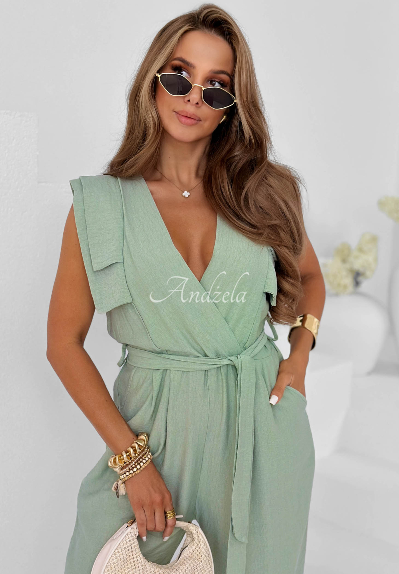 Dlhý viskózový overal wide leg s opaskom Warm Sands pistaciový