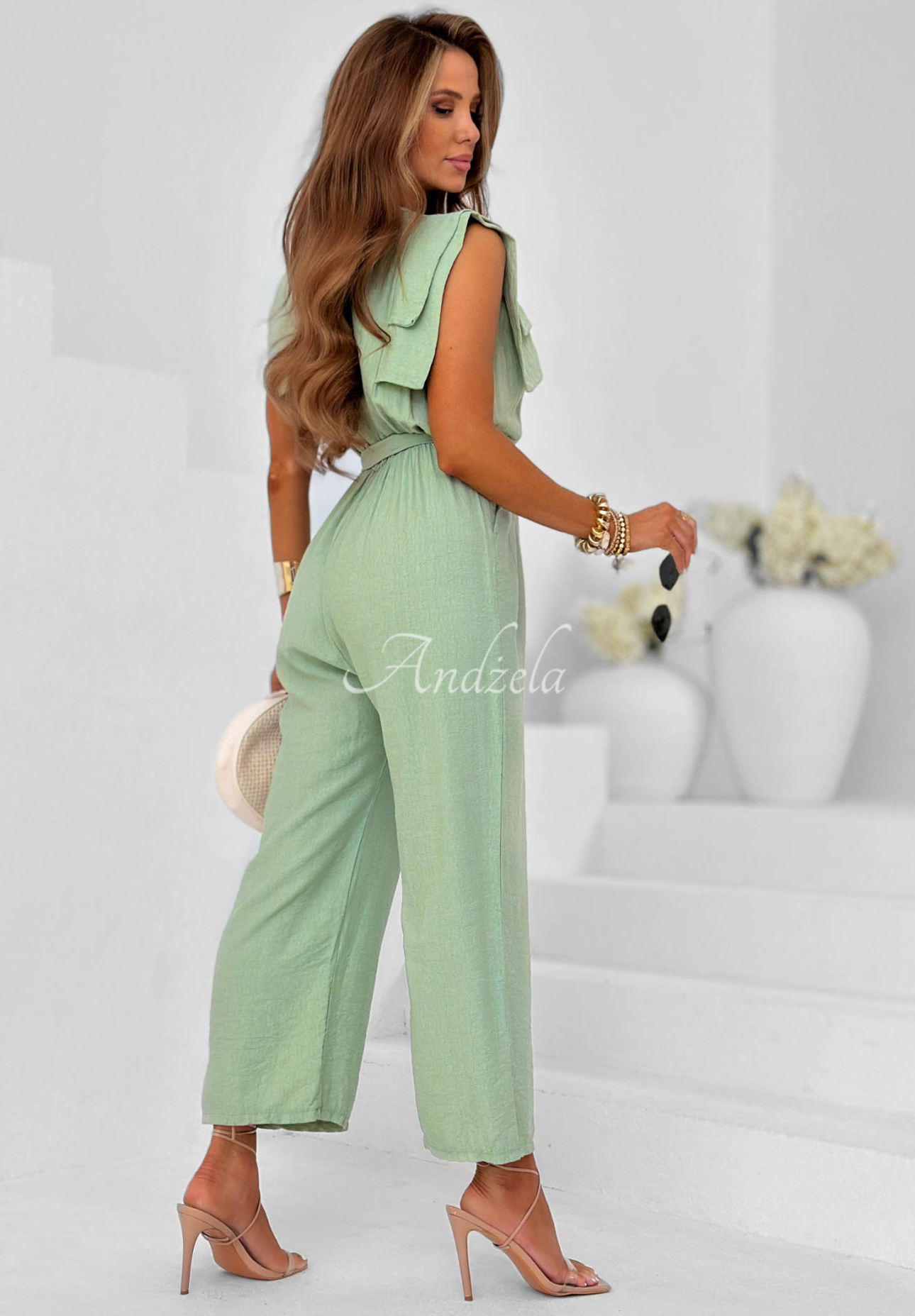 Dlhý viskózový overal wide leg s opaskom Warm Sands pistaciový