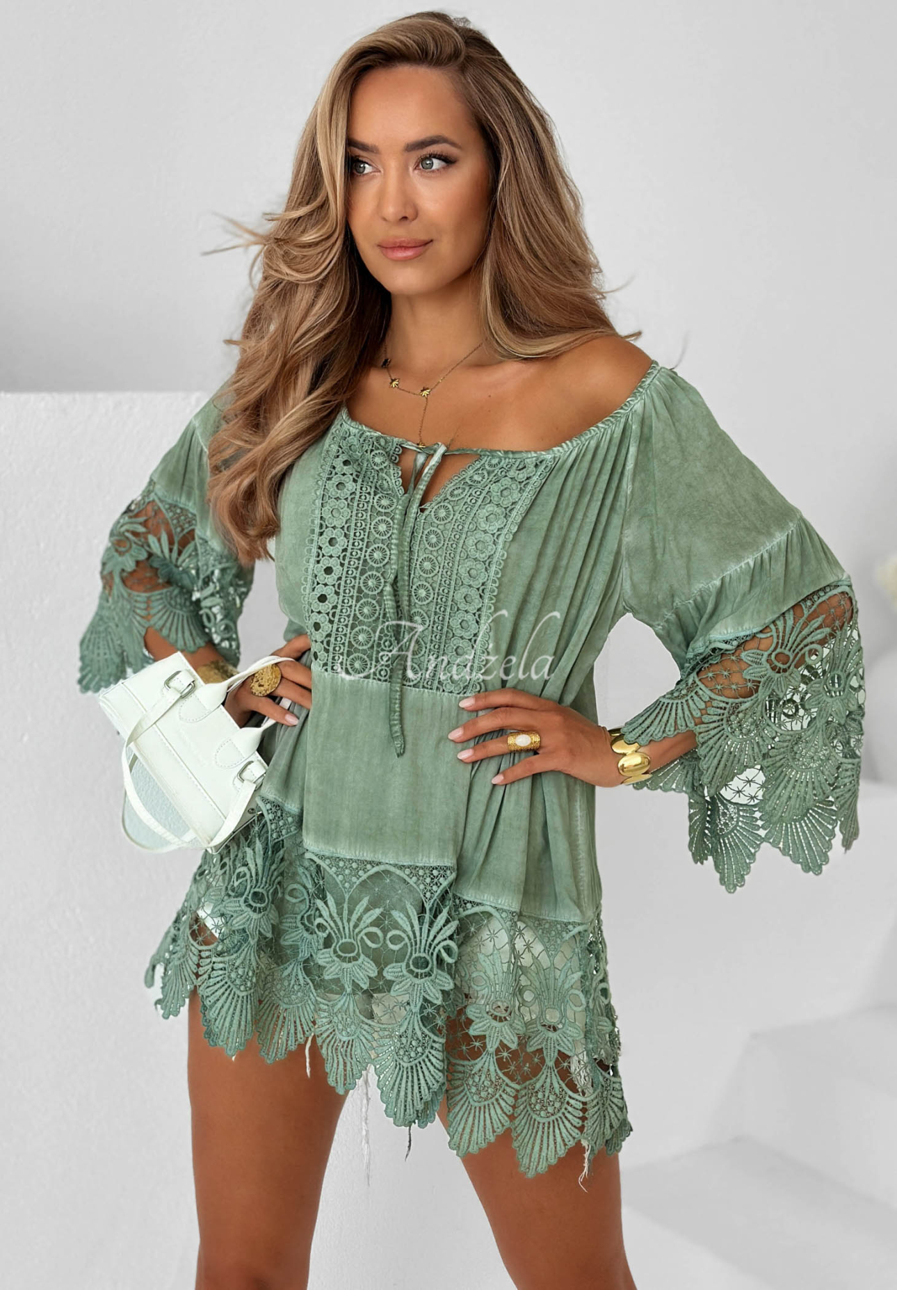 Viskózová blúzka tunika s čipkou boho Sunny Lagoon pistaciová