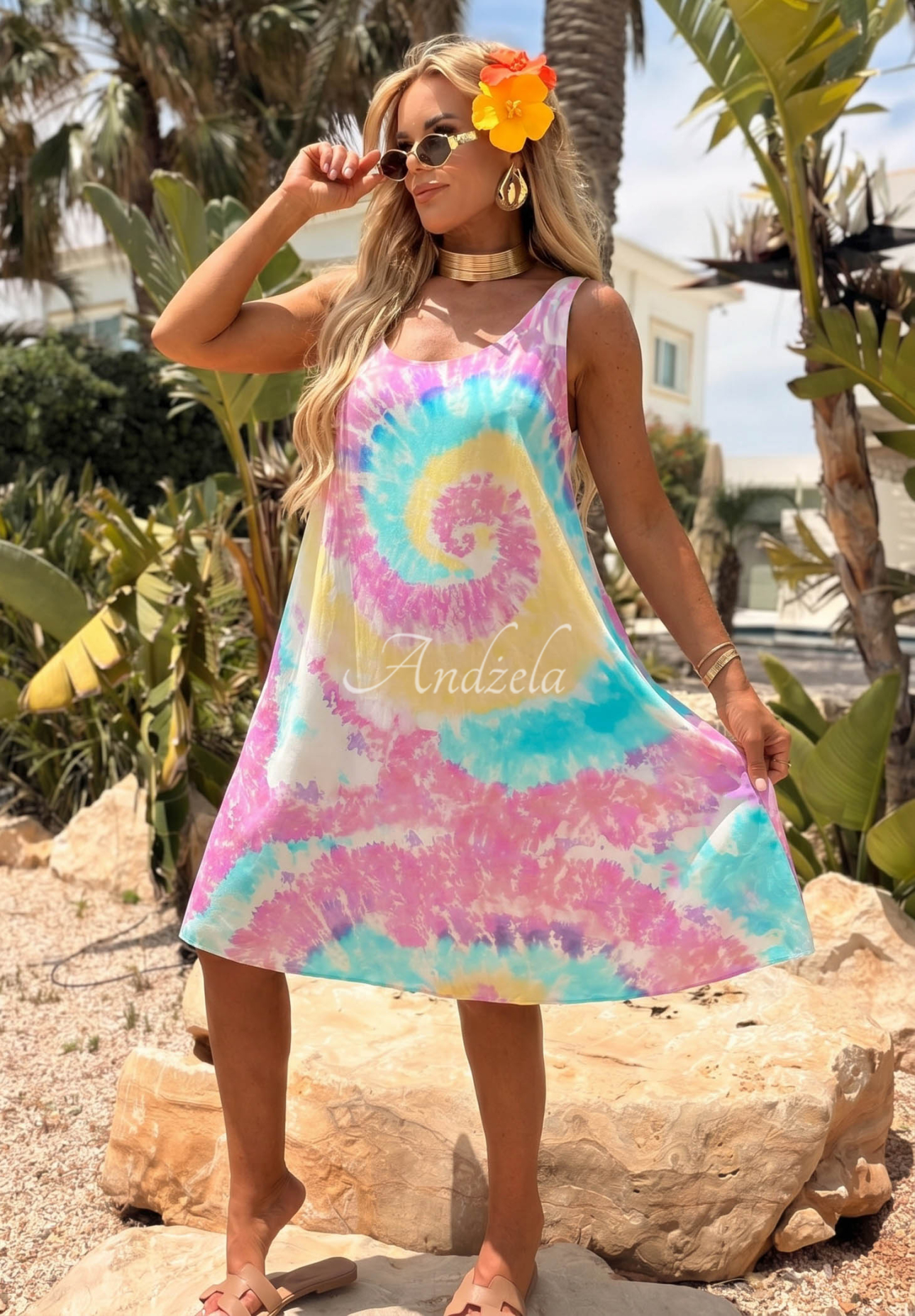 Viskózové šaty tunika mini na ramienka tie dye Pastel Tropics blankytno-ružová