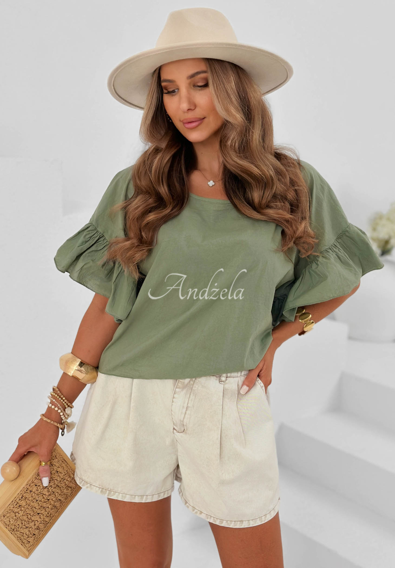 Ľahká bavlnená blúzka s volánikmi Sun Breeze khaki