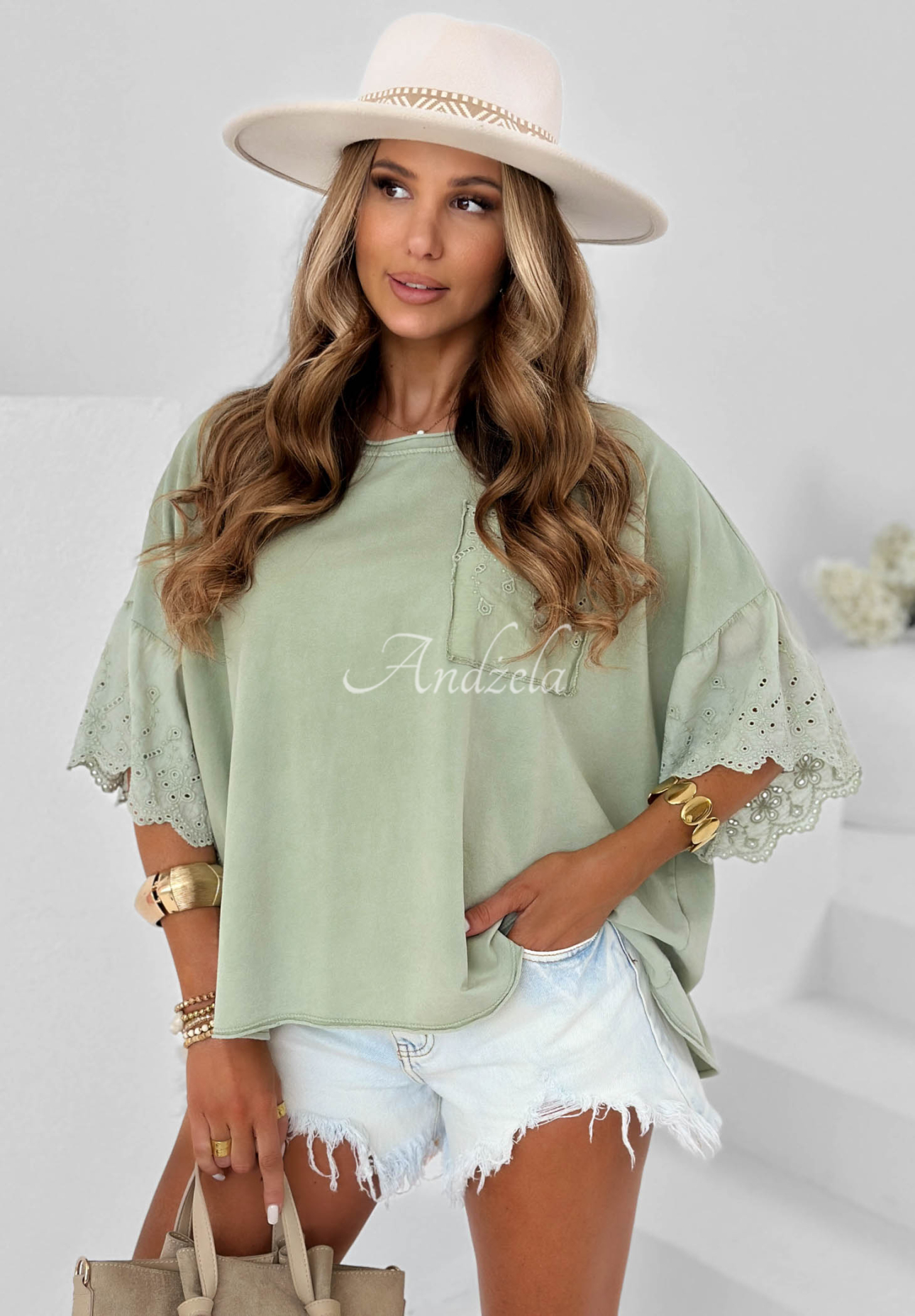 Bavlnená blúzka oversize s ažúrovými vzormi Sun Umbrella khaki
