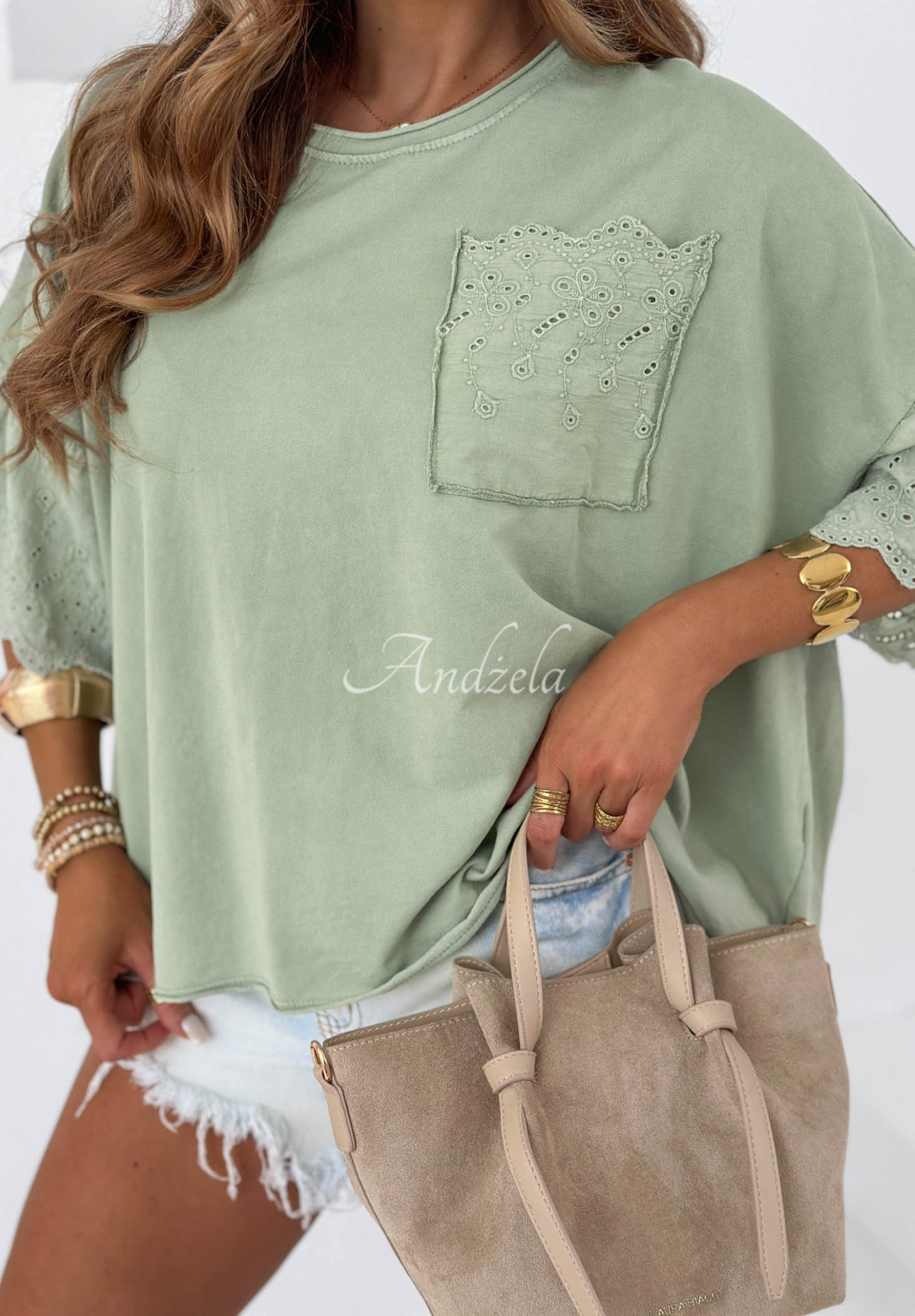 Bavlnená blúzka oversize s ažúrovými vzormi Sun Umbrella khaki