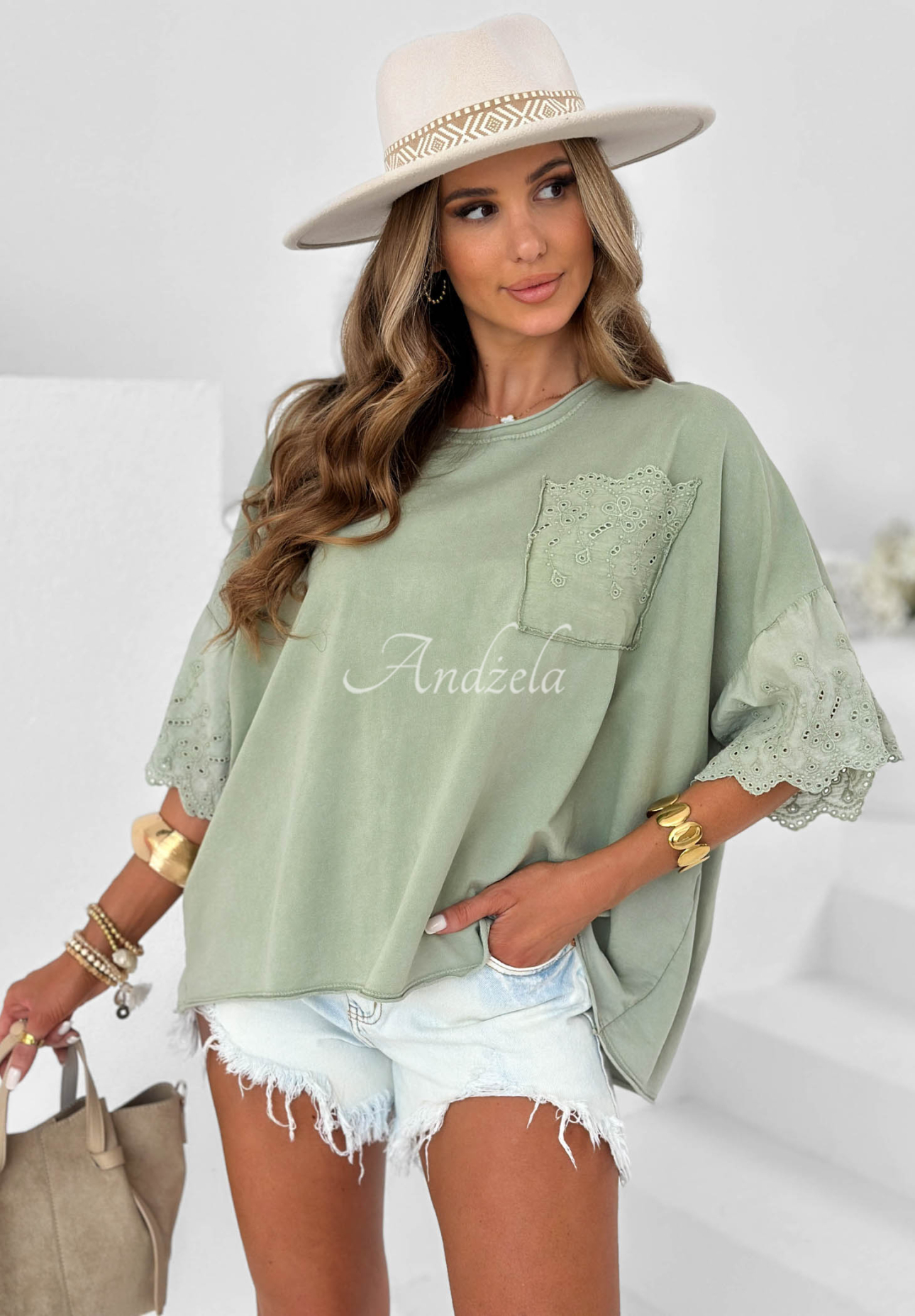 Bavlnená blúzka oversize s ažúrovými vzormi Sun Umbrella khaki
