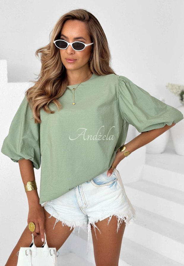 Bavlnen&aacute; bl&uacute;zka s naberan&yacute;mi ruk&aacute;vmi Sweet Summer khaki