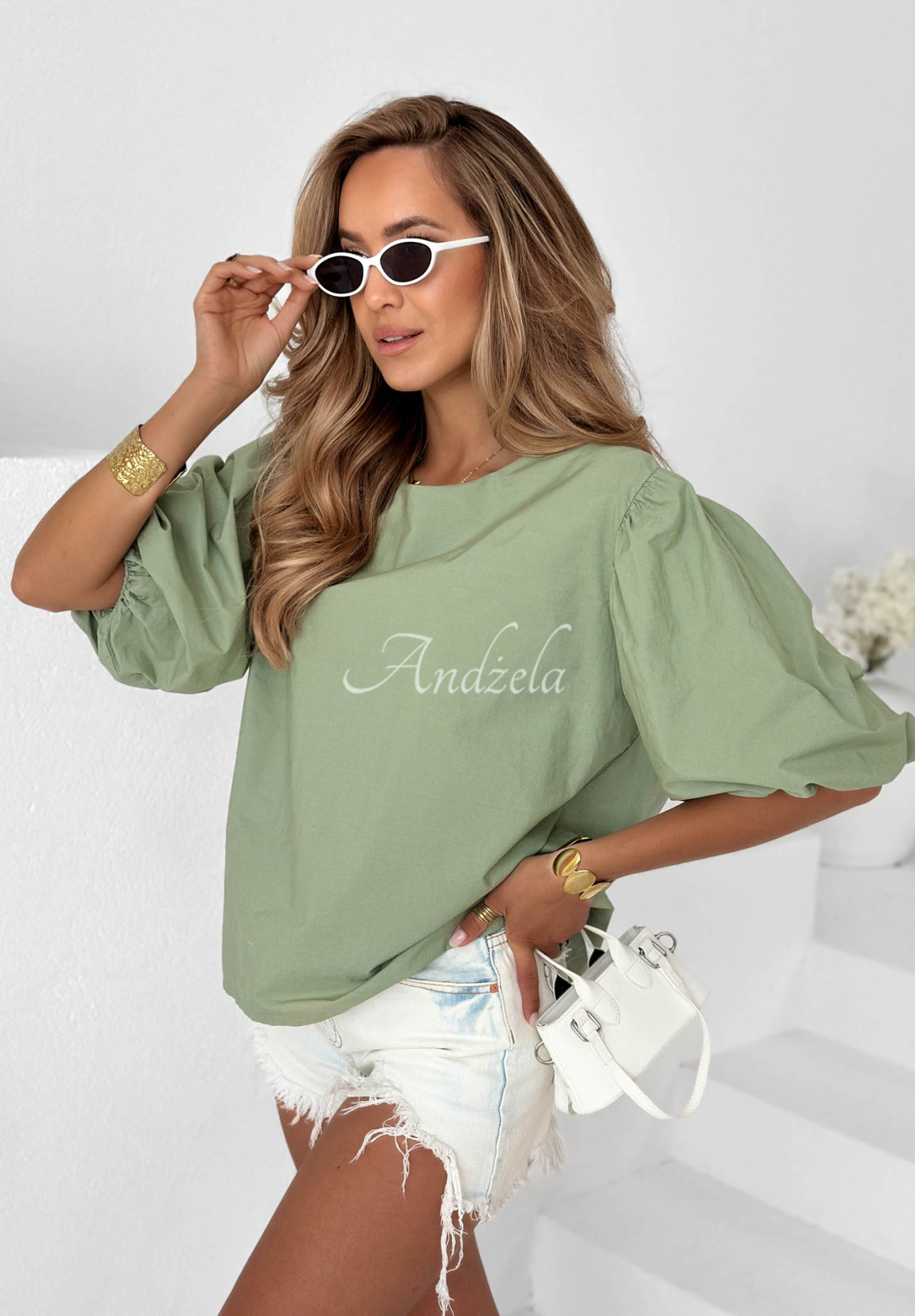 Bavlnená blúzka s naberanými rukávmi Sweet Summer khaki